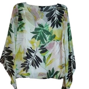 Tropical Floral Alfani Top W Flutter Sleeves Elastic Blousy Waist Sz Medium